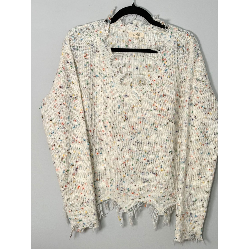 La Miel Confetti Sweater Distressed Fringe Cottagecore Cozy Coquette Grunge M/L